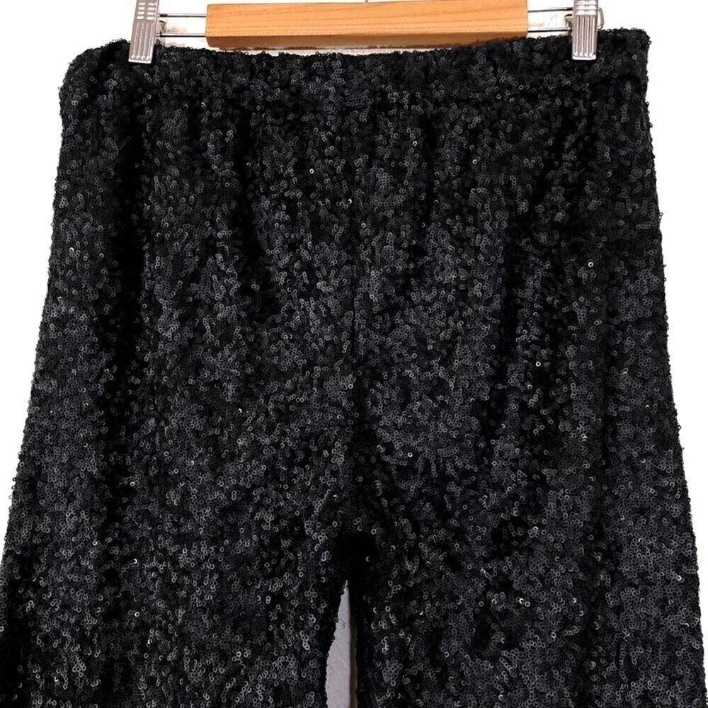 FREE PEOPLE Sequin Party Trouser Ankle Cropped Pull On Pants Black Small y2k